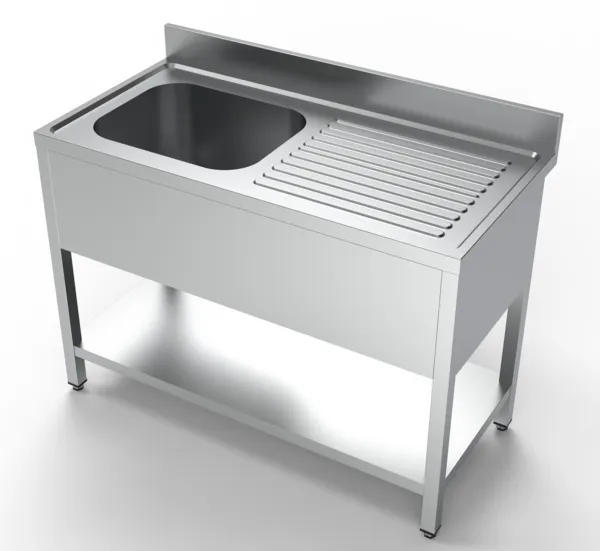 Spoeltafel met 1 spoelbak en afdruipblad rechts, spatrand en legplank - L 1200 x D 600 mm