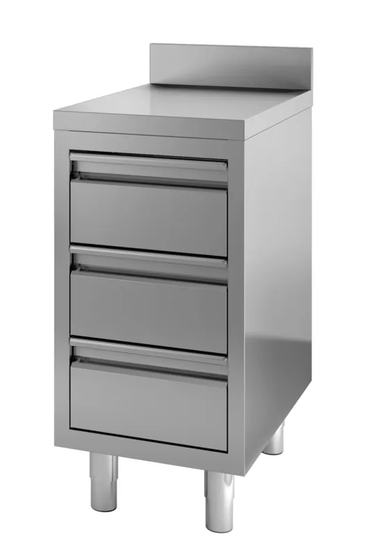 Roestvrijstalen Lage Kast met 3 Laden en Achterwand - L 600 x D 700 mm