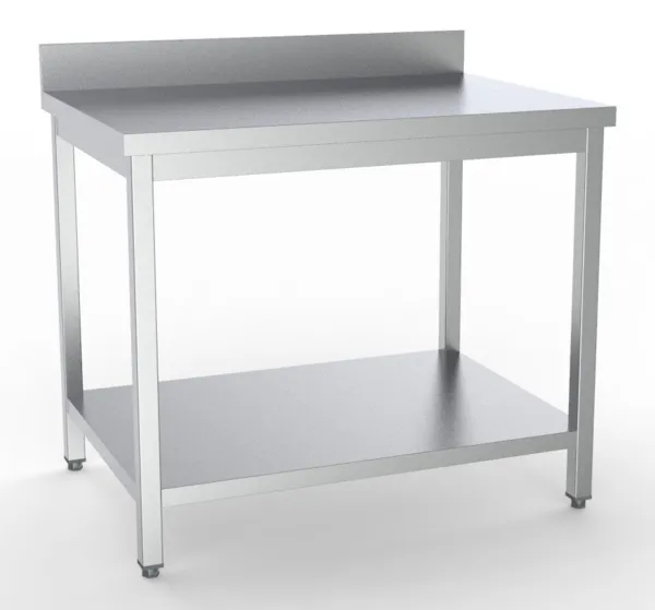 Roestvrijstalen tafel met rugleuning en plank - L 700 x D 700 mm