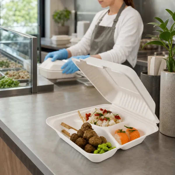 Lunchbox Bagasse 3 Compartimenten - Pak 50 stuks