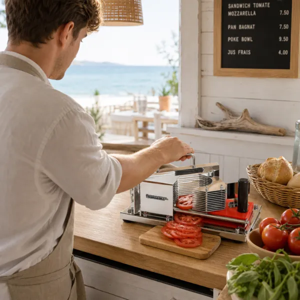 Professionele Handmatige Tomatensnijder Inox, Getande Messen, Ergonomische Duwstang, Snelle Restauratie